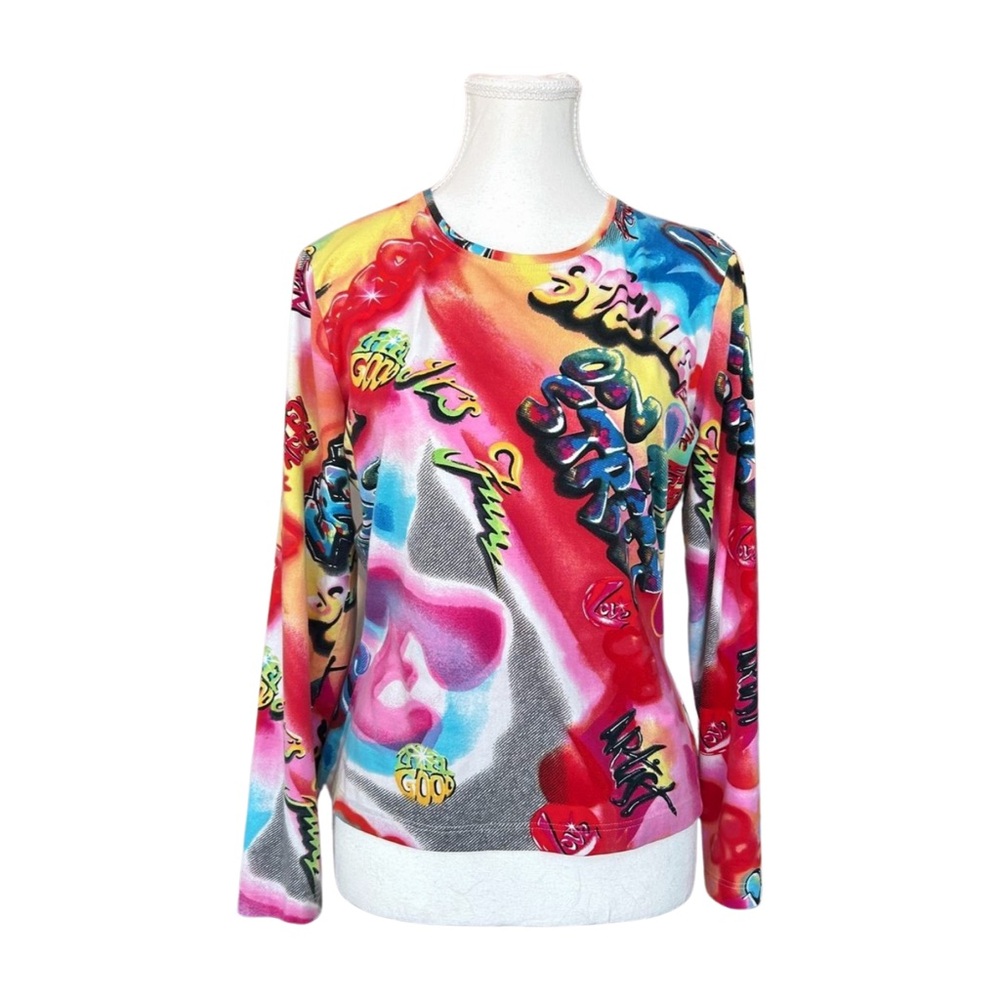 Rare Escada Y2K Airbrushed Graffiti Long Sleeve Top – Multicolor Statement Print